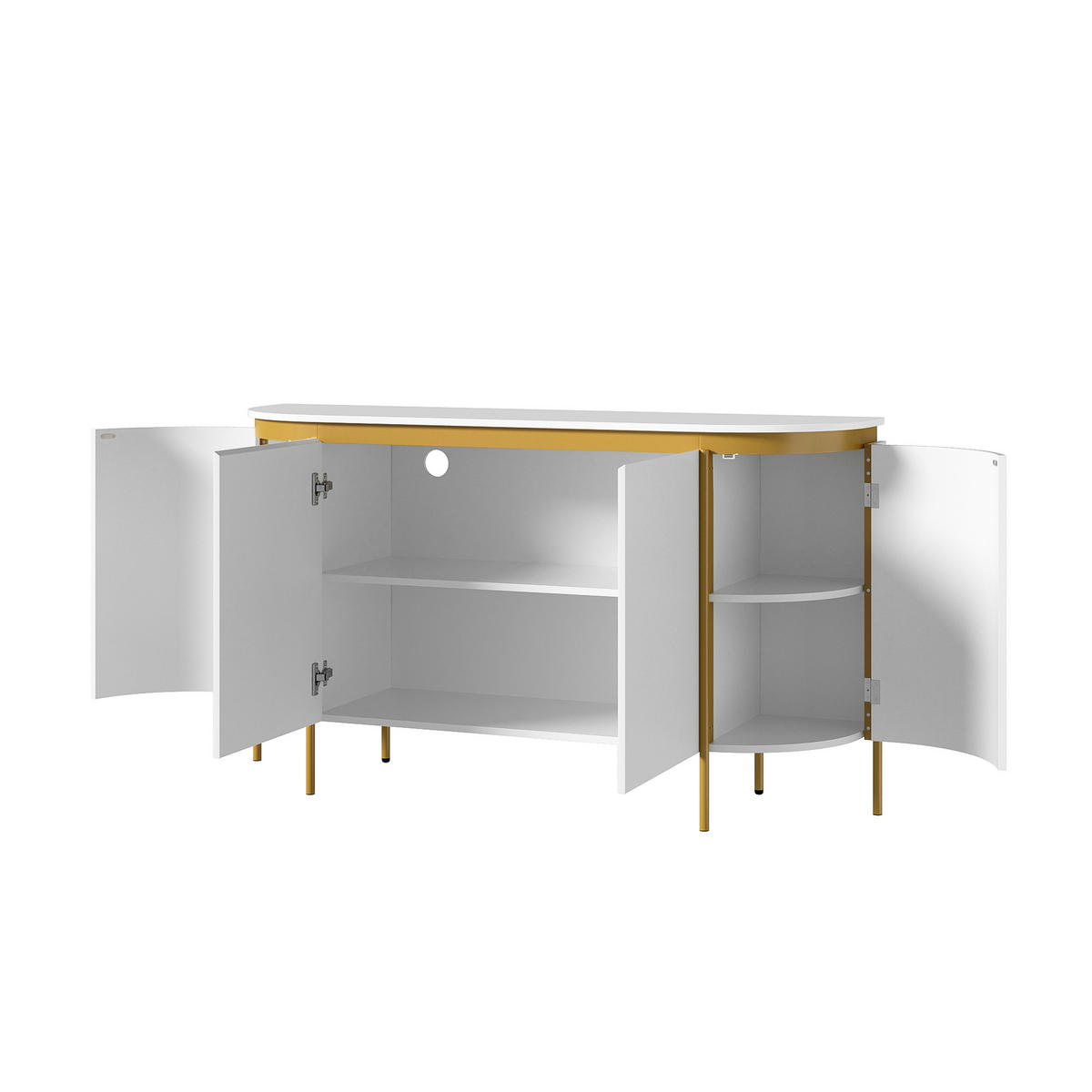 SIDEBOARD Oval 140cm MDF Riffel-Optik 4 Türen Gold-Details - Weiß, Holzwerkstoff (140/80/38cm) - Urban Meuble