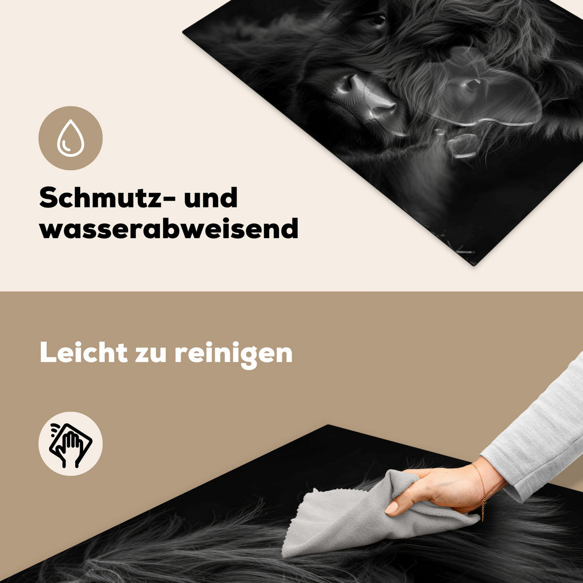 HERDABDECKPLATTE Scottish Highlander - Schwarz - Kalb - Kuh Herdabdeckung Induktionsfeld 75x52 cm - Schwarz, Kunststoff (75/52/0.2cm) - MuchoWow