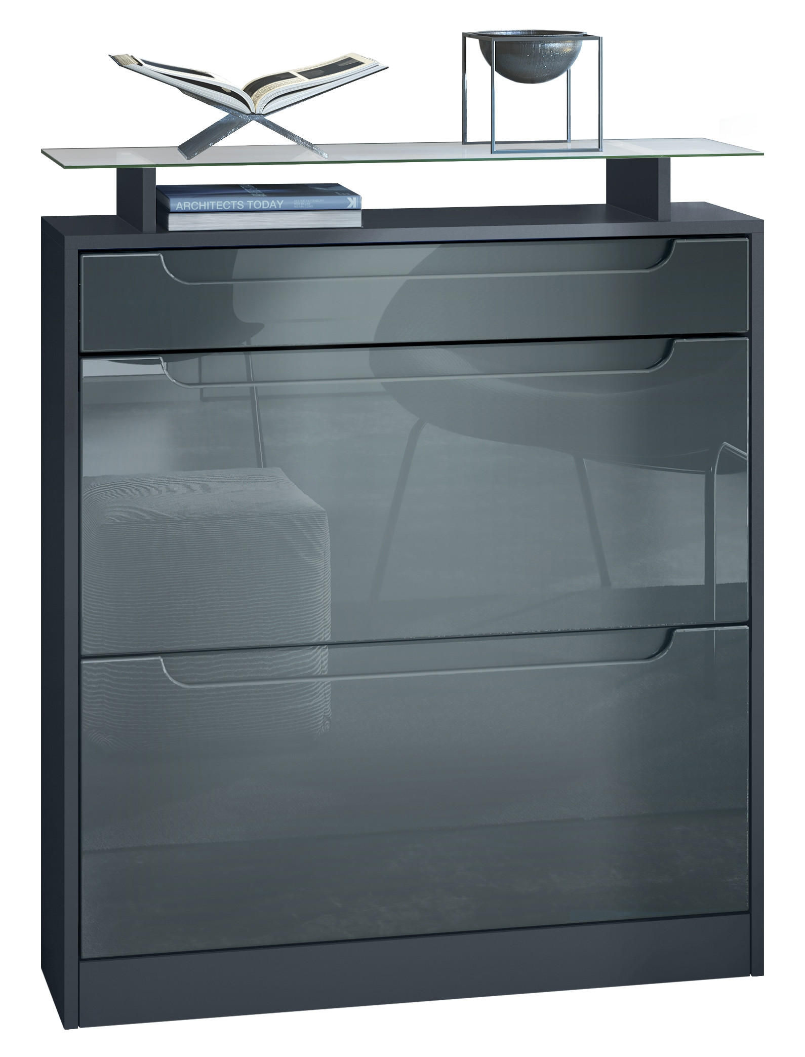 SCHUHSCHRANK Fiesta Fronten in Grau Hochglanz, Griffmulden in Grau Hochglanz - Grau, Holzwerkstoff (89/104/23cm) - Vladon