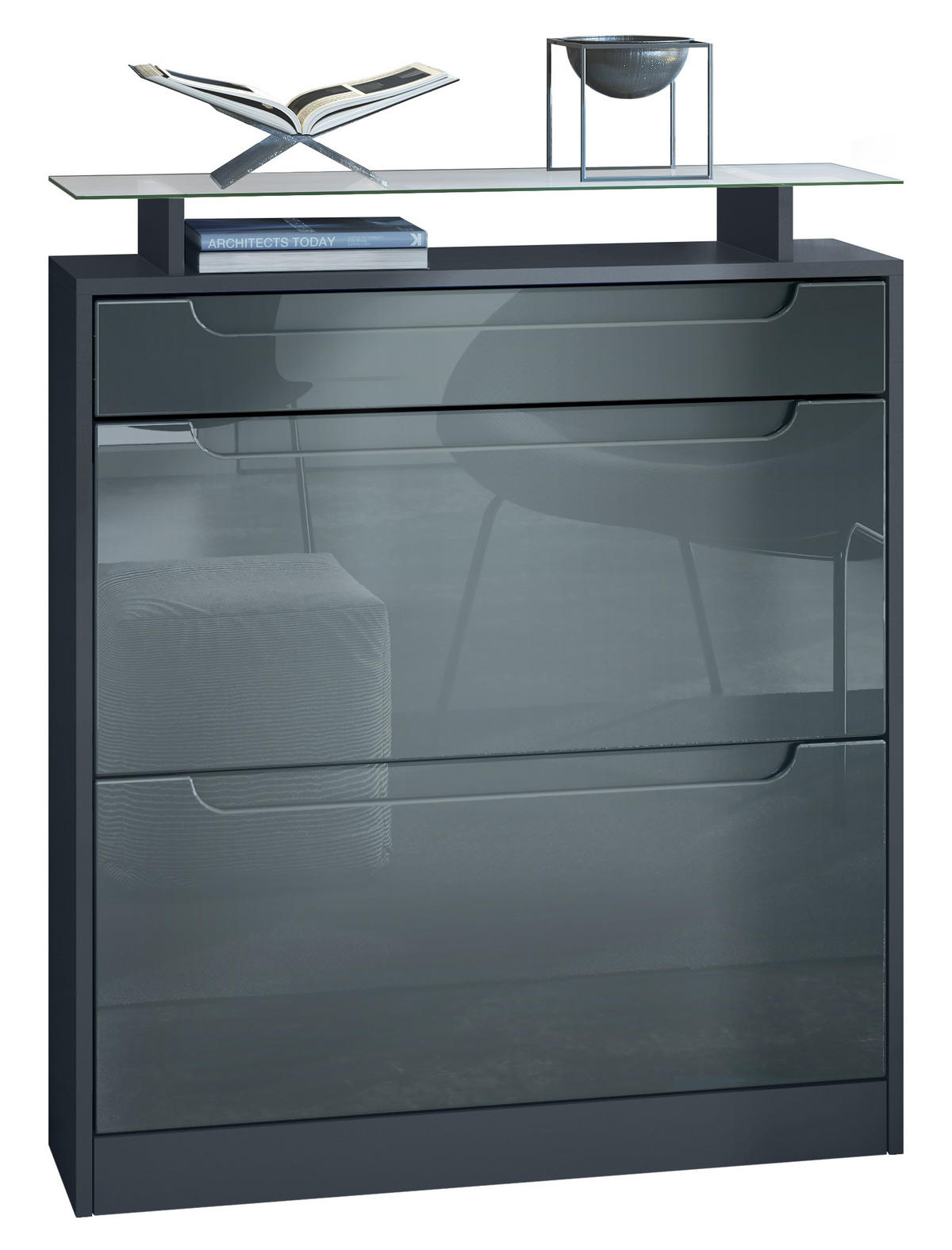 SCHUHSCHRANK Fiesta Fronten in Grau Hochglanz, Griffmulden in Grau Hochglanz - Grau, Holzwerkstoff (89/104/23cm) - Vladon