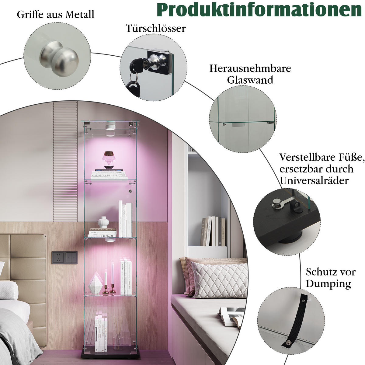 VITRINE Glas LED, 4 Regale, mit Schloss, für Wohn-, Schlaf & Esszimmer - Schwarz, Holz (35/163/39.8cm)
