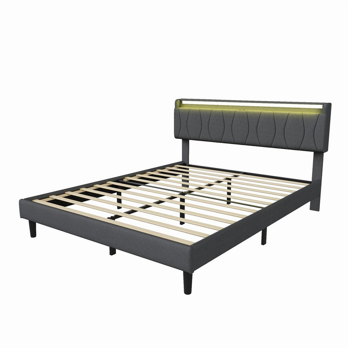 POLSTERBETT 140x200 cm mit LED-Beleuchtung - Kopfteil mit Ladefunktion - Gepolstertes Kopfteil - Grau - Grau, Textil (140/200cm) - DELFA