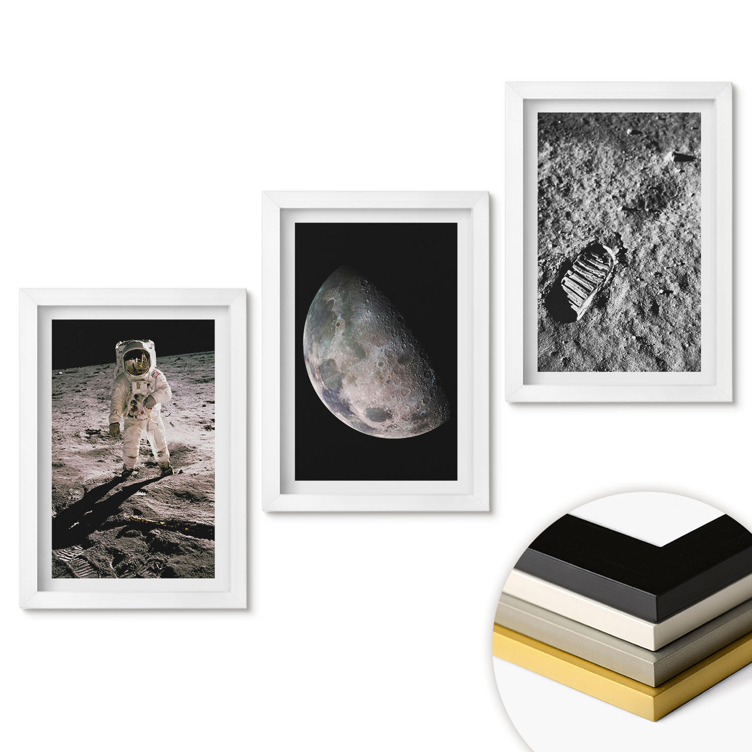 WANDBILDER 3er-Set - 20x30 cm Weißer Rahmen - Astronautenfoto vom Mond - Weiß, Kunststoff (20/30cm) - ArtPrintCave
