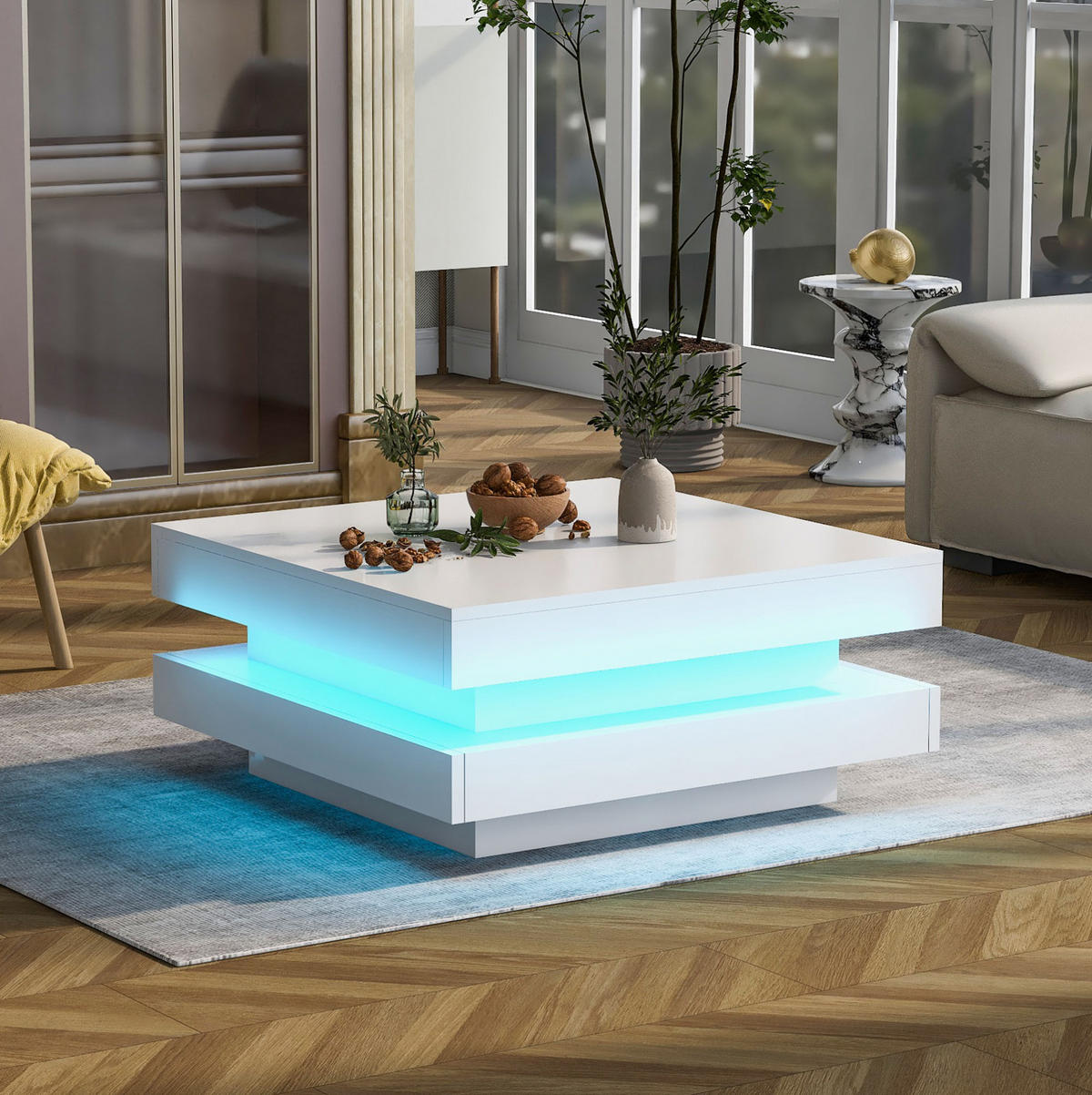 COUCHTISCH 70/70 cm Weiß aus Holzwerkstoff mit LED-Licht und drehbarer Platte - Weiß, Holzwerkstoff (70/70/36cm) - OKMYHOME