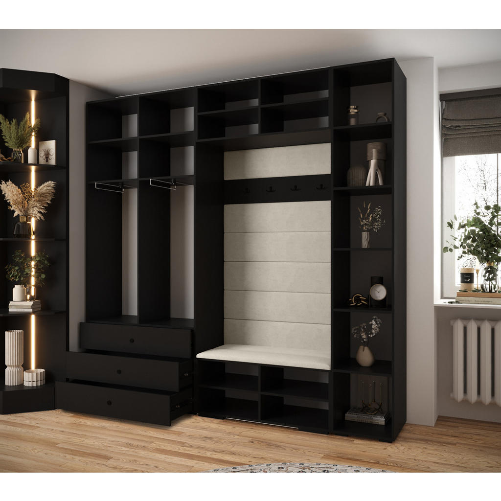 Thumbnail - Abiks Möbel Garderoben-Set, Schwarz, Schwarz, Schwarz, Kunststoff, Nachbildung, 2-Sitzer, 13 Fächer, 240x236.7x47 cm, Ga...