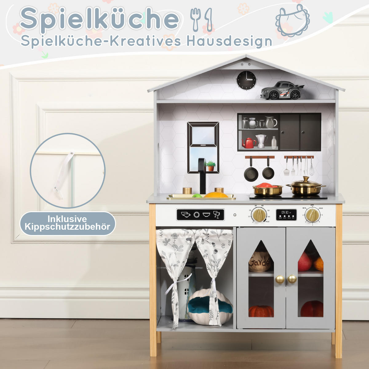 KINDERKÜCHE Spielküche Grau – Hausdesign mit Zubehör & Soundeffekten, Holz/Kunststoff, ab 3 Jahren,28.5x60x92cm - Grau, Holzwerkstoff (60/28.5/92cm) - Ej. Life