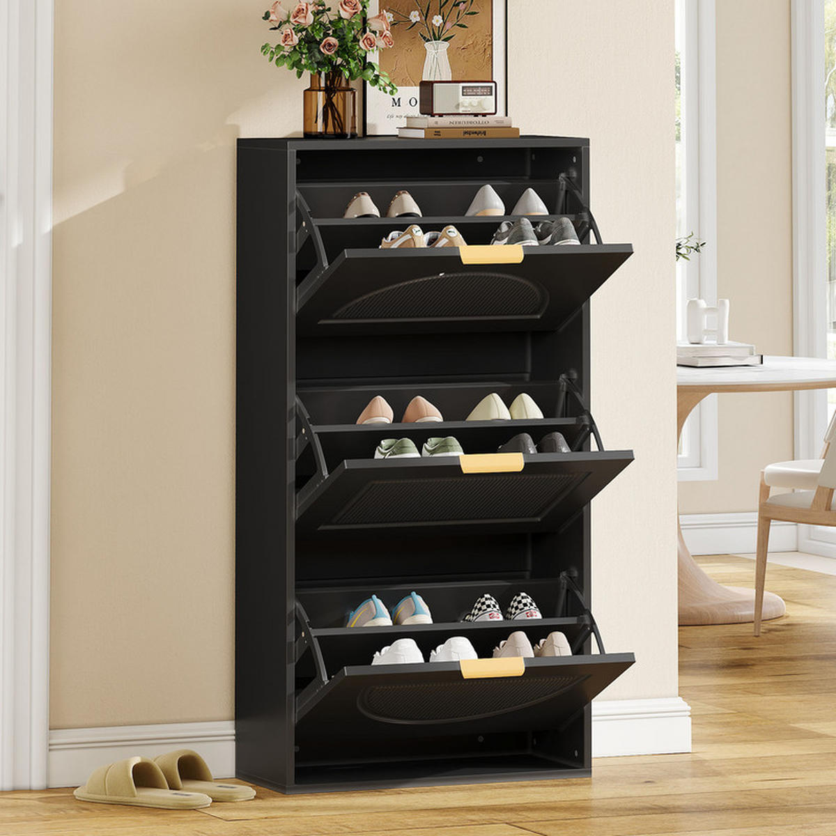 KIPPBARER Schuhschrank mit 3 Klappen Schwarz 60x24x114 cm - Schwarz, Holzwerkstoff (24/114/60cm) - Fuleadture