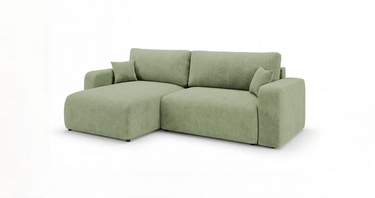 ROHOVÁ pohovka BERLIN pravá světle zelená manšestr Poso 47 - funkce spaní, úložný prostor - světle zelená, textil (285/184cm) - Cornero