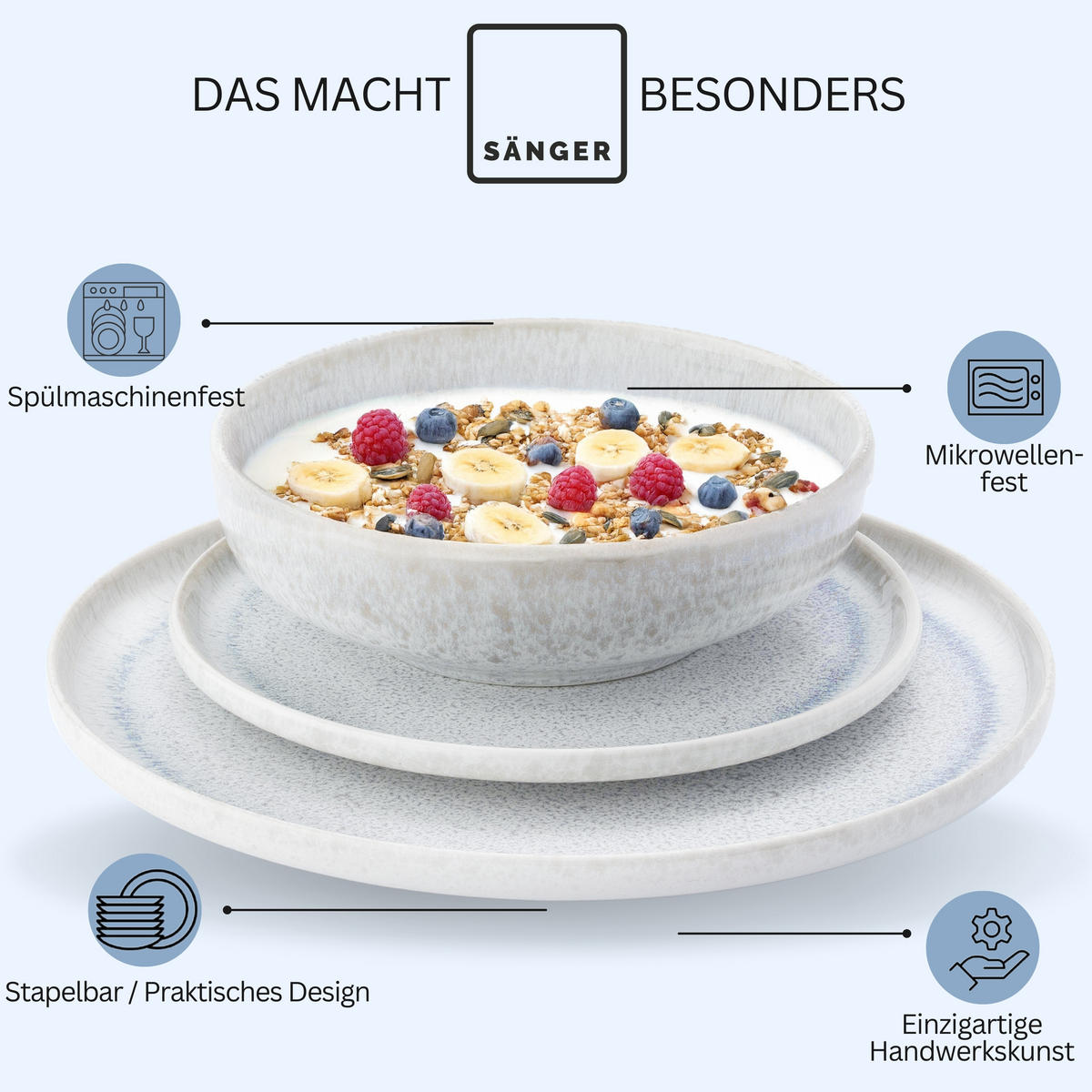 SÄNGER Steingut Geschirrset Santorini, Tafelservice 36 teilig für 12 Personen - Blau, Stein (27/6/27cm) - Sänger
