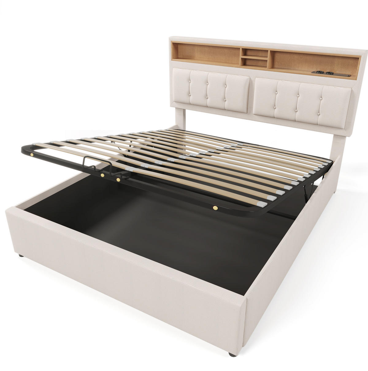 POLSTERBETT 140/200 cm Beige mit Stauraum und USB- und Type-C-Anschlüssen - Beige, Textil (140/200cm) - Flora Grace