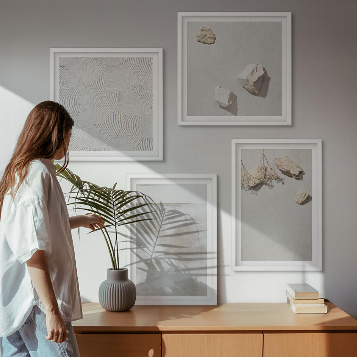 WANDBILDER 4er-Set - 50x50 cm & 40x60 cm Weißer Rahmen - Boho-Textur aus Sandsteinen - Weiß, Kunststoff (50/50cm) - ArtPrintCave