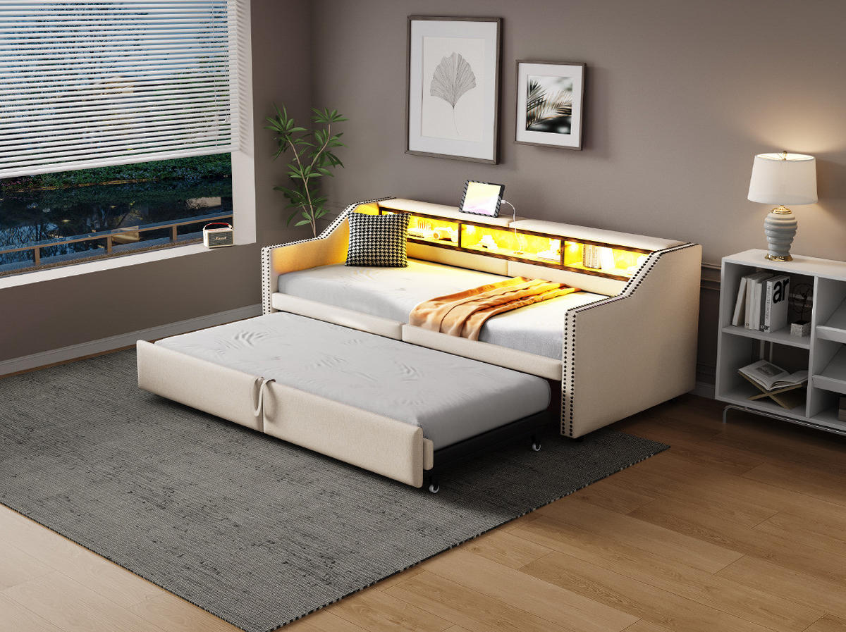BETT 90/180/200 cm Beige aus Leinen mit Ausziehfunktion, USB und LED - Beige, Textil (90/200cm) - OKMYHOME