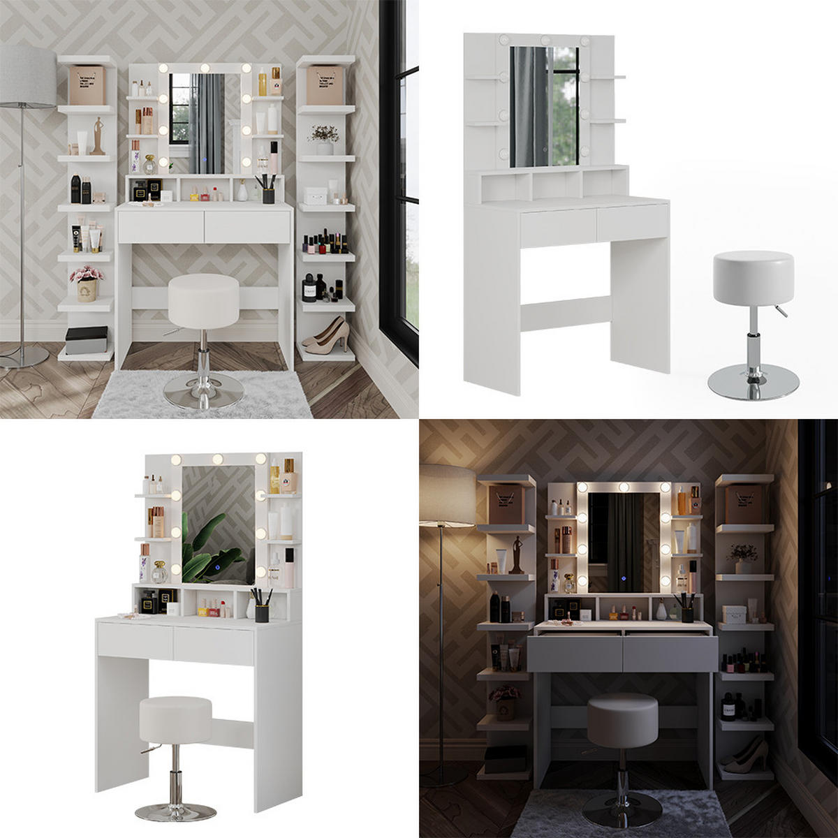 SCHMINKTISCH Taylor Weiß 80 cm mit LED Beleuchtung und Hocker - Weiß, Holzwerkstoff (80/146.5/40cm) - Vicco
