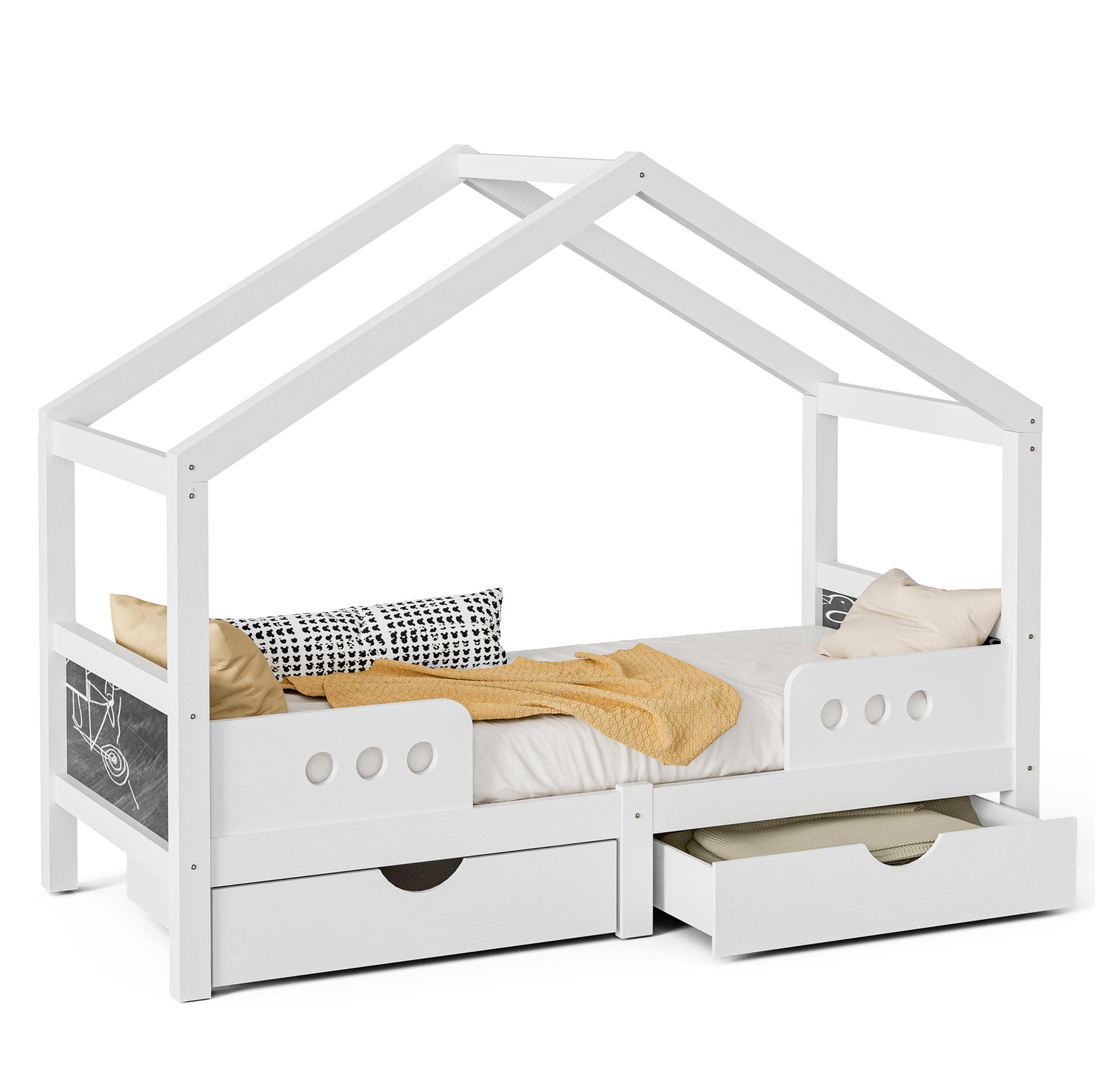 KINDERBETT aus Holz und MDF 90x200 cm Weiß mit Dachdesign, Tafel und 2 Schubladen - Weiß, Holz (90/200cm) - Modfu