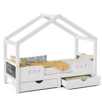 KINDERBETT aus Holz und MDF 90x200 cm Weiß mit Dachdesign, Tafel und 2 Schubladen - Weiß, Holz (90/200cm) - Modfu