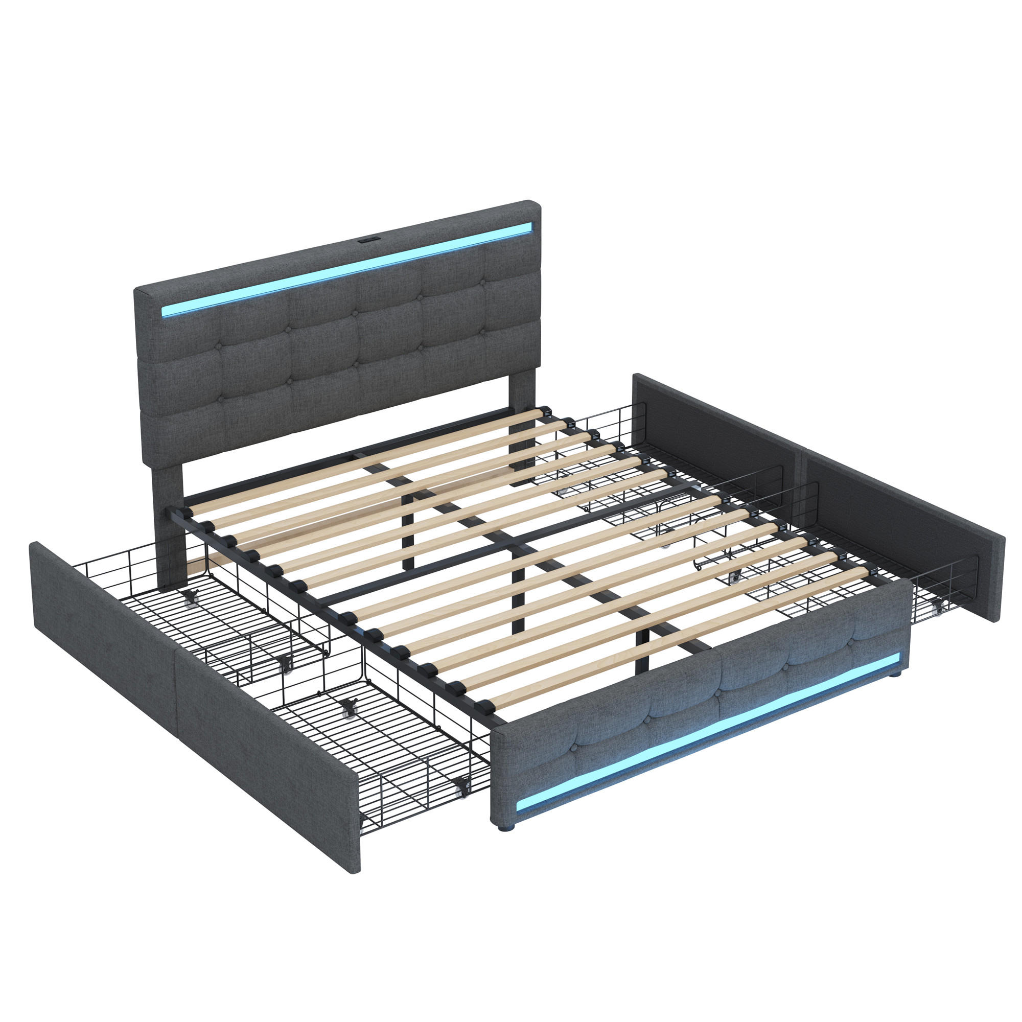 POLSTERBETT 140/200 cm grau mit LED-Beleuchtung und 4 Schubladen - Grau, Textil (140/200cm) - OKWISH