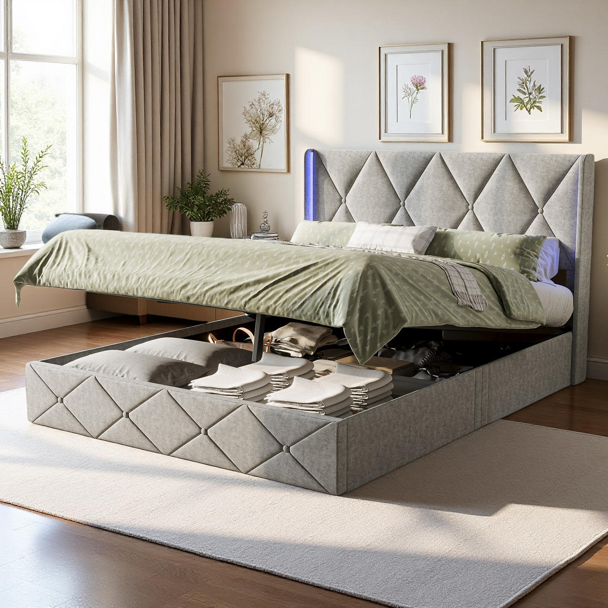 POLSTERBETT 140x200 cm LED Stauraum Lattenrost Samt gepolstert grau - Grau, Holz (140/200cm) - LEBENLANG