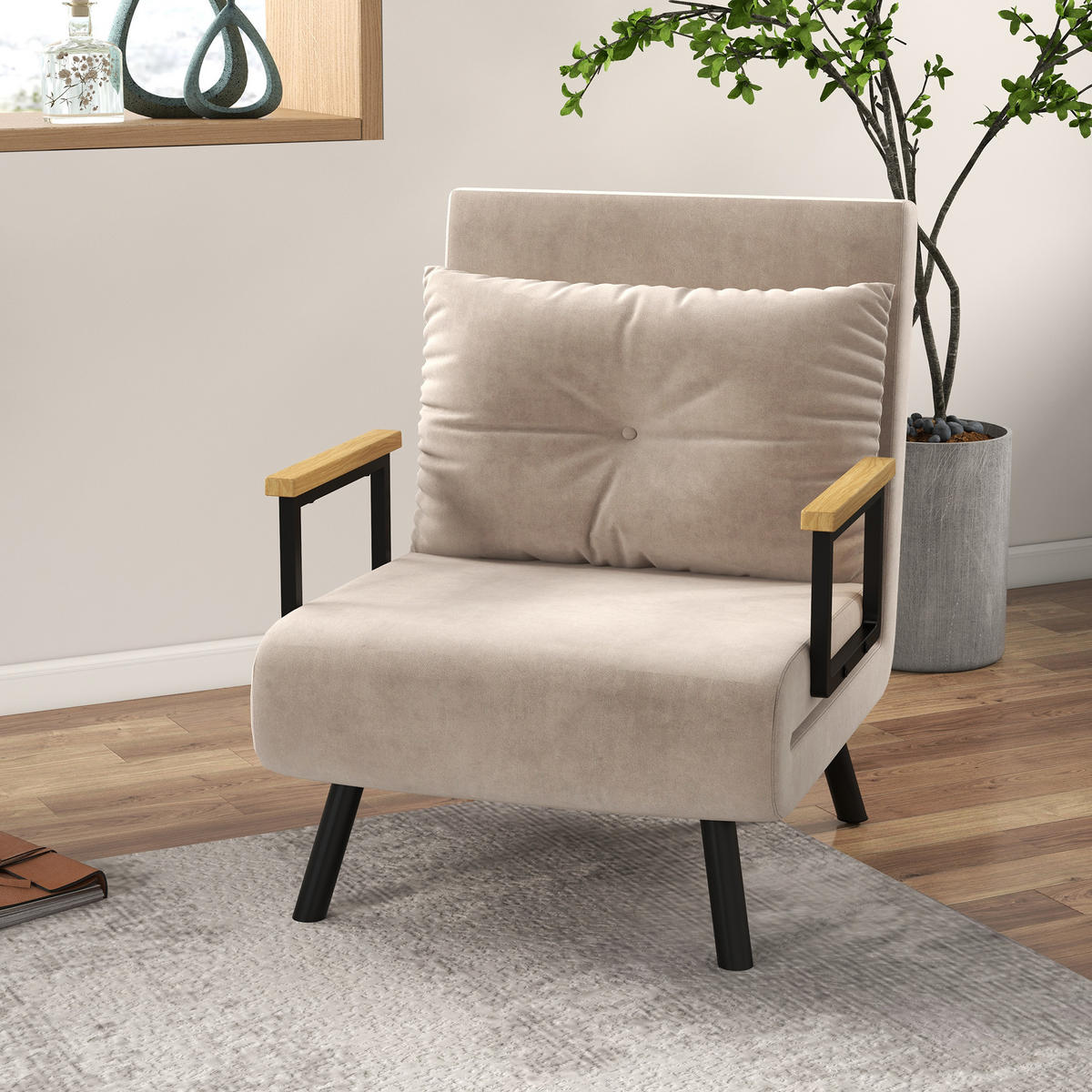 SCHLAFSESSEL, Einzelsofa mit Bettfunktion, Relaxsessel mit Rückenkissen Beige - Beige/Schwarz, Holz/Textil (73/81/63cm) - HOMCOM
