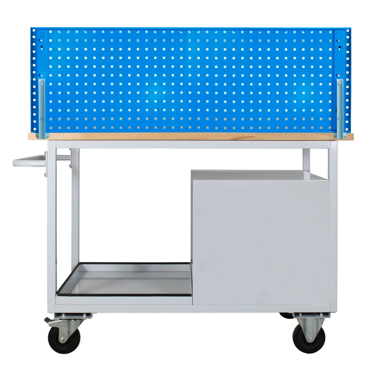 WERKBANK mobil Light Rhino mit Ablagefach, 3 Schubladen & Lochplatte 131x130x60cm 2 Lenkrollen Traglast 300kg Lichtgrau/Lichtblau - Blau, Holz (130/131/60cm) - PROREGAL
