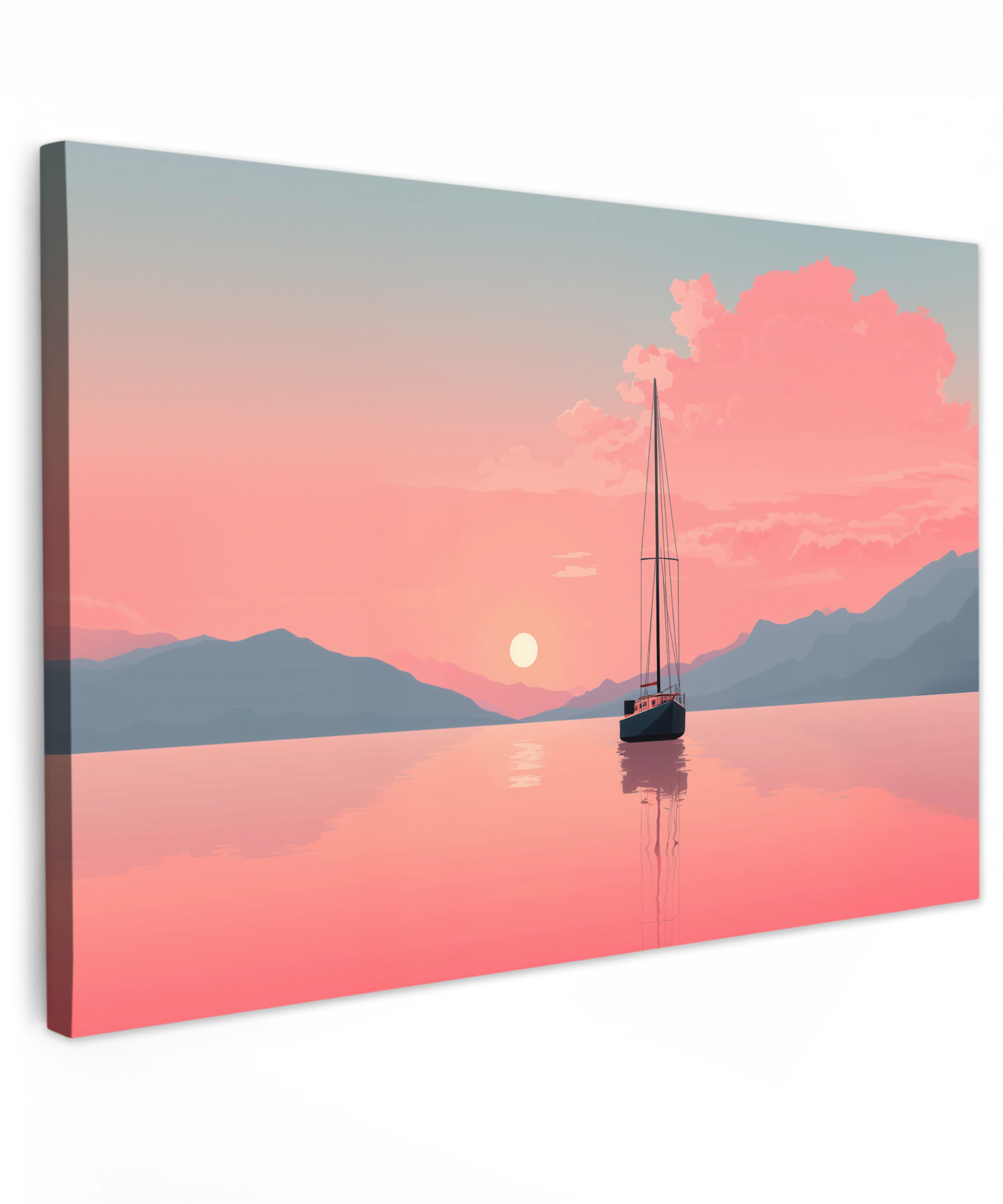 LEINWANDBILD Segelboot - Rosa Meer - Sonnenuntergang - Berge Groß 140x90 cm - Rosa, Textil (140/90cm) - MuchoWow