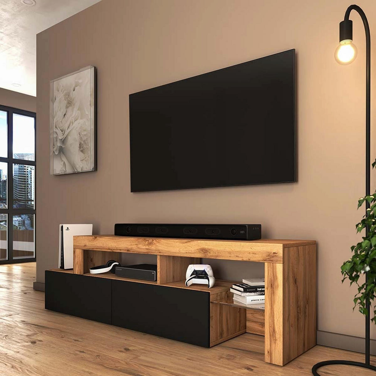 TV stolek Asten dub / černý s LED 172/50/33 cm - černá/dub Wotan, kompozitní dřevo (172/49.5/33.1cm) - Selsey