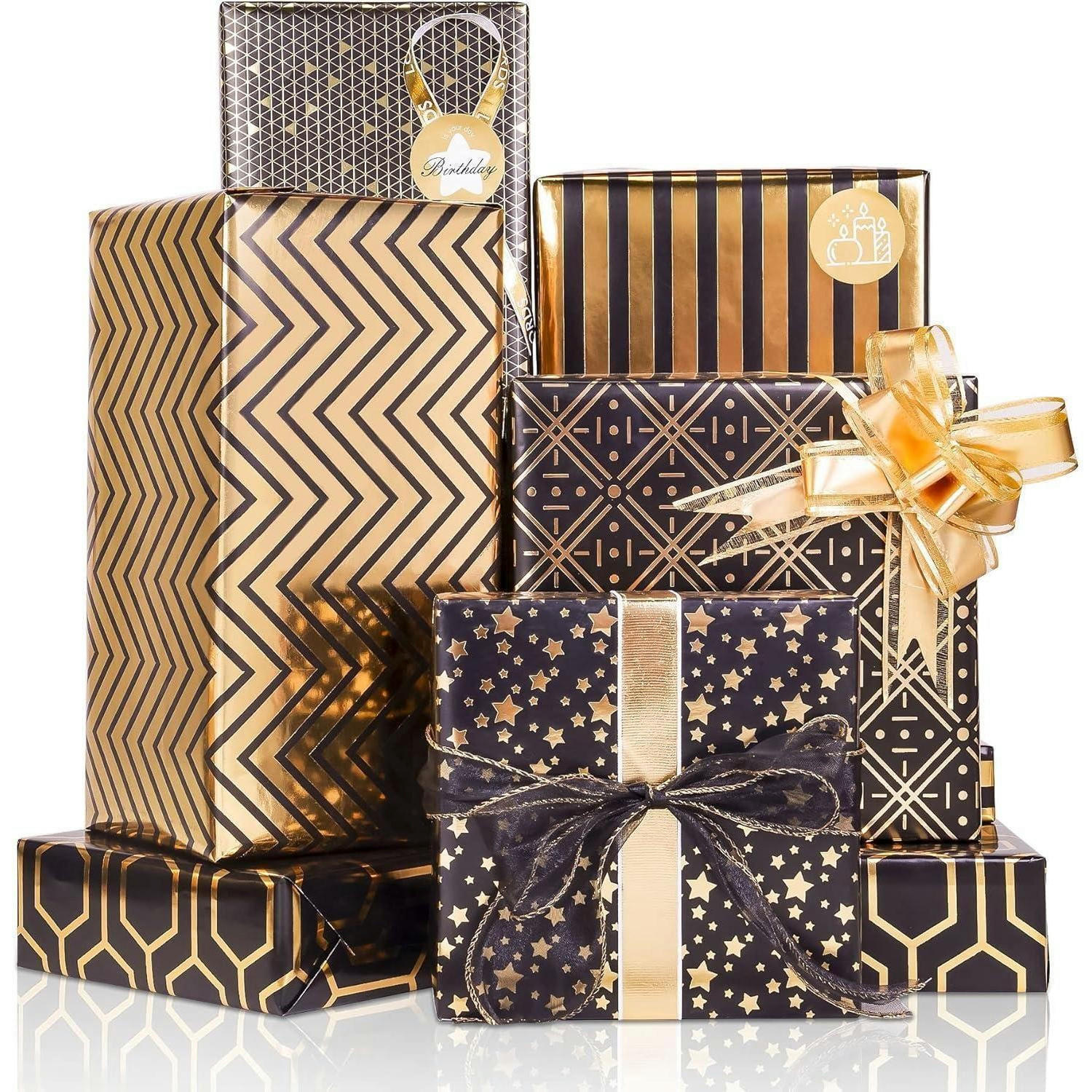 GESCHENKPAPIER Set Schwarz-Gold 6 Blatt 70 x 50 cm - Multicolor, Papier (50/50/70cm)