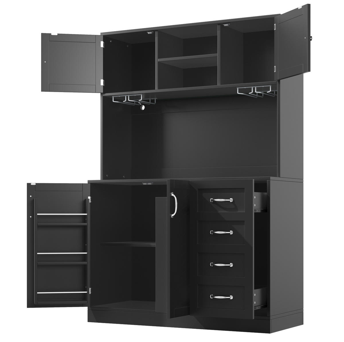 BUFFETSCHRANK 120/40/188 cm mit LED-Beleuchtung, Getränkhaltern, 4 Türen und 2 Schubladen, MDF, Schwarz - Schwarz, Holzwerkstoff (120/188/40cm) - Redom