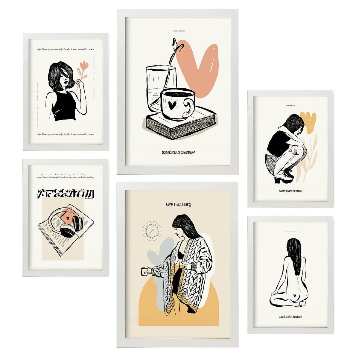 POSTER Set Mit 6 Schwarze Tinte Liebe Größe A3 & A4 Weißer Rahmen - Weiß, Papier (29.7/1cm) - Nacnic