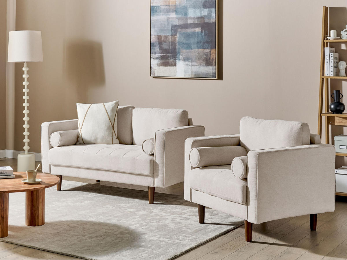 2-SITZER-SOFA Set mit Sessel hellbeige Nurmo - Dunkelbraun/Beige, Textil (74/78/140cm) - Beliani