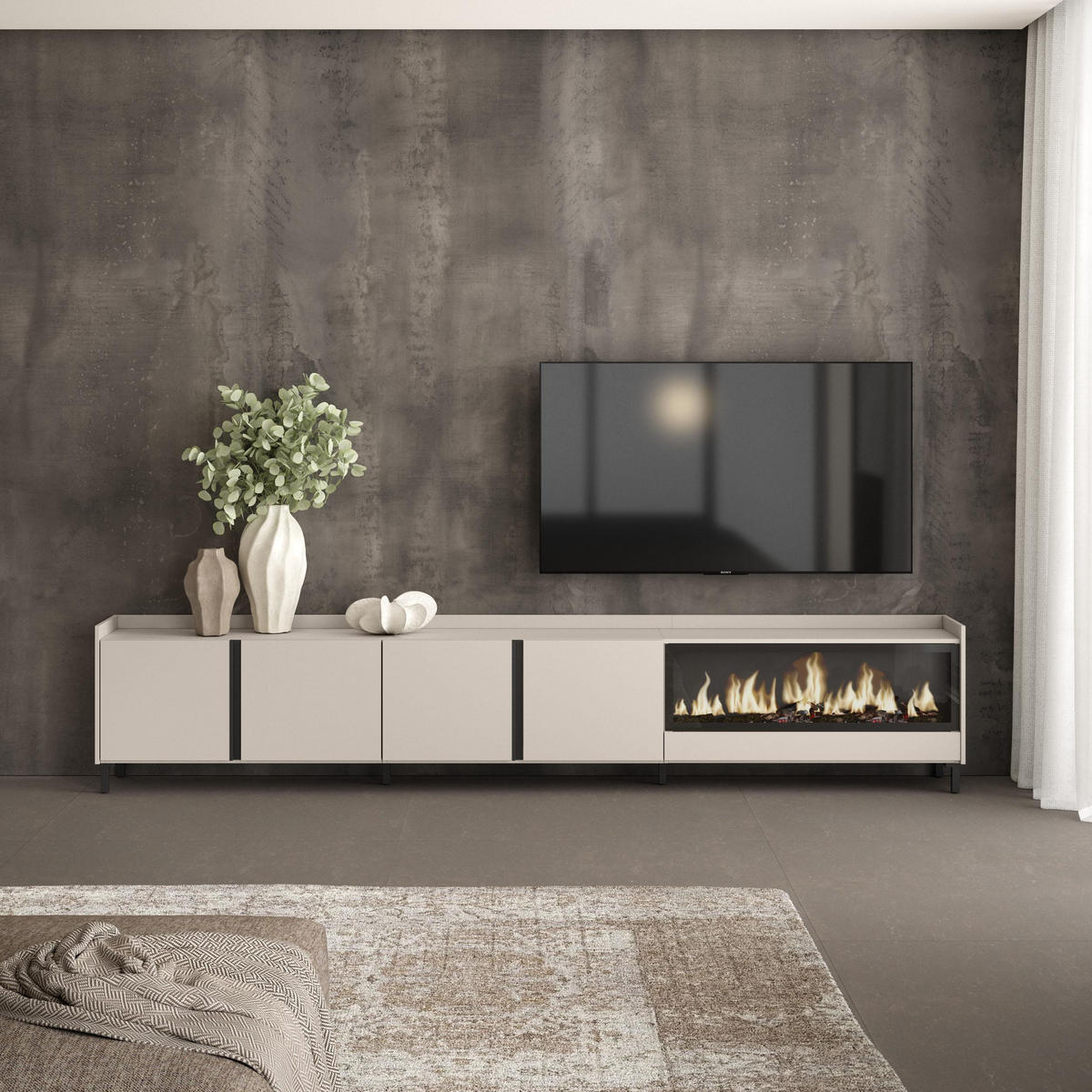 LOWBOARD, Beige, 315/35/61cm, Kamin mit Feuereffekt XXL - Beige, Holzwerkstoff (315/61/35cm) - Skraut Home