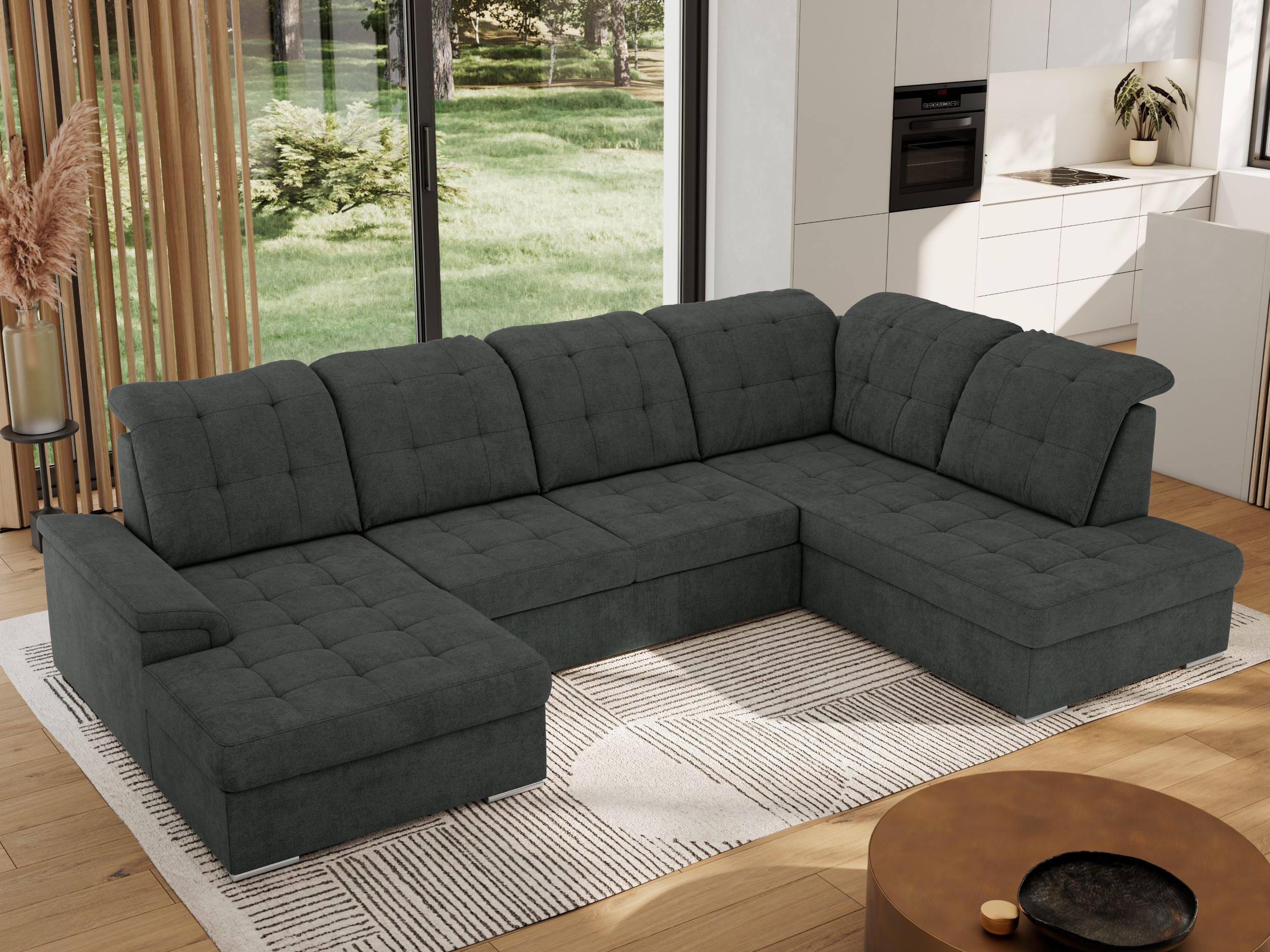WOHNLANDSCHAFT MADRITO U - Dunkelgrau Struktur - Rechts - Dunkelgrau/Silberfarben, Textil/Metall (323/89/204cm) - MKS