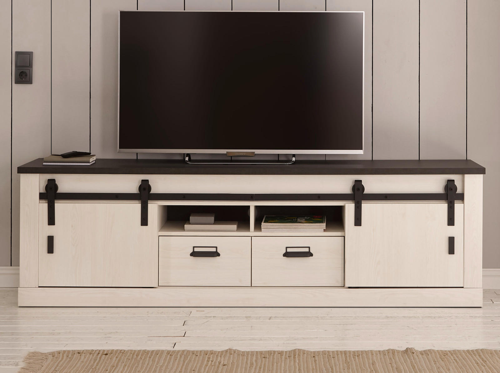 TV-LOWBOARD weiß Pinie, anthrazit, Landhaus, TV Unterteil Komforthöhe 201 x 61 cm - Anthrazit/Weiß, Holzwerkstoff/Metall (201/61/43cm) - Furn.Design