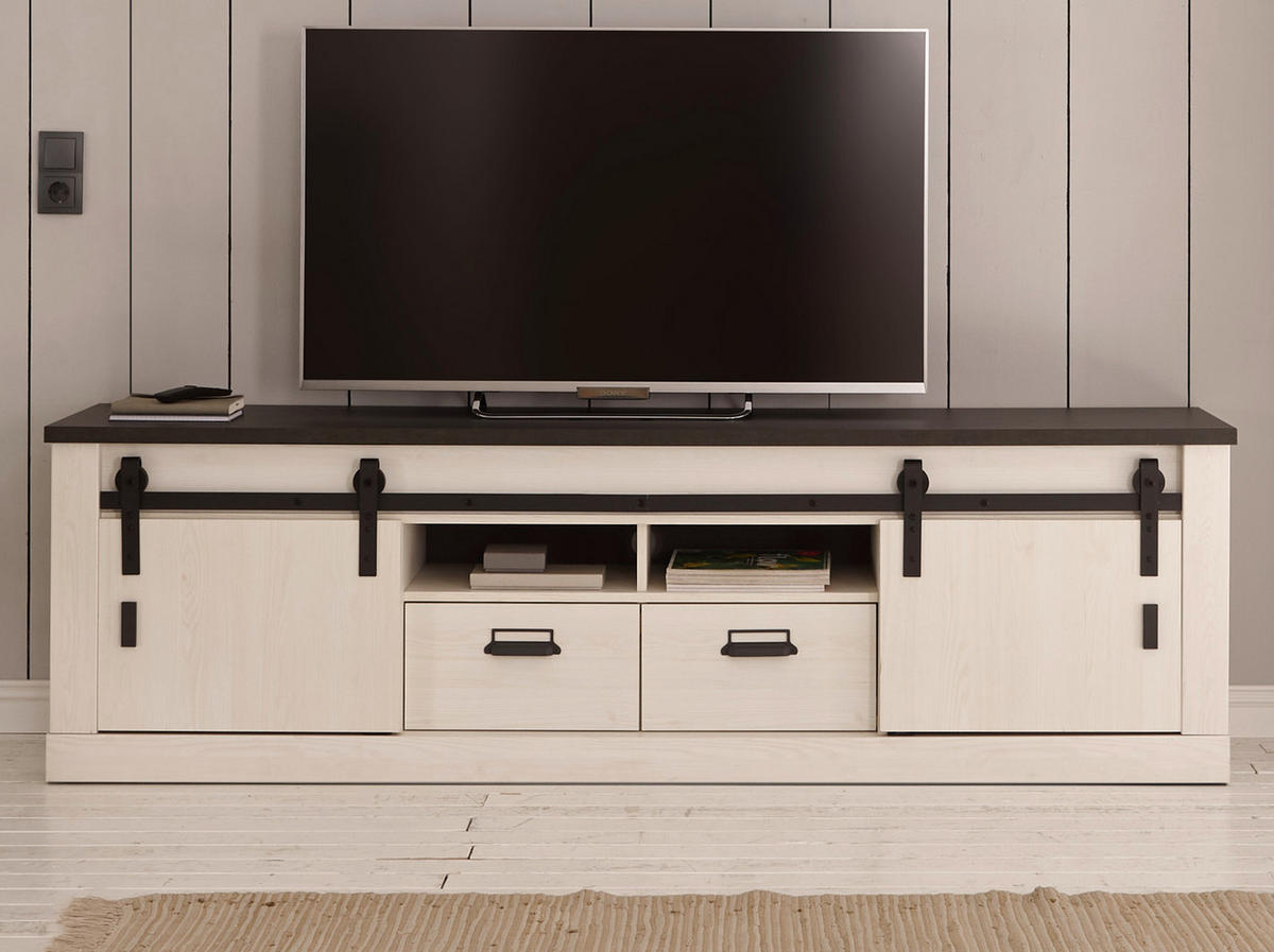 TV-LOWBOARD weiß Pinie, anthrazit, Landhaus, TV Unterteil Komforthöhe 201 x 61 cm - Anthrazit/Weiß, Holzwerkstoff/Metall (201/61/43cm) - Furn.Design