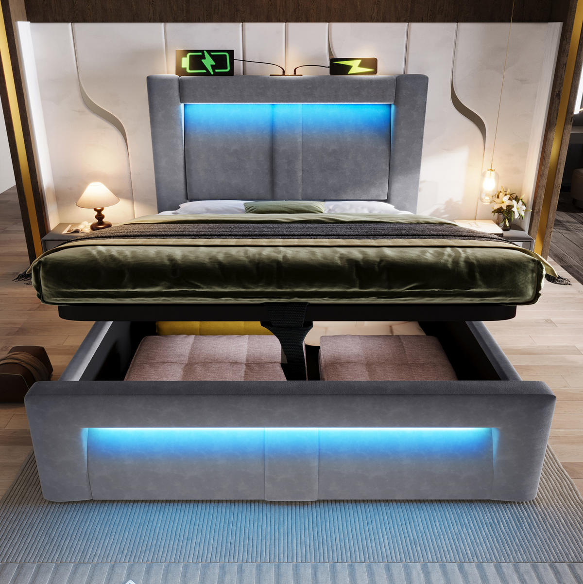 BETT mit Stauraum und LED 90x200 cm Samt Grau - Grau, Metall (90/200cm) - Meubliv