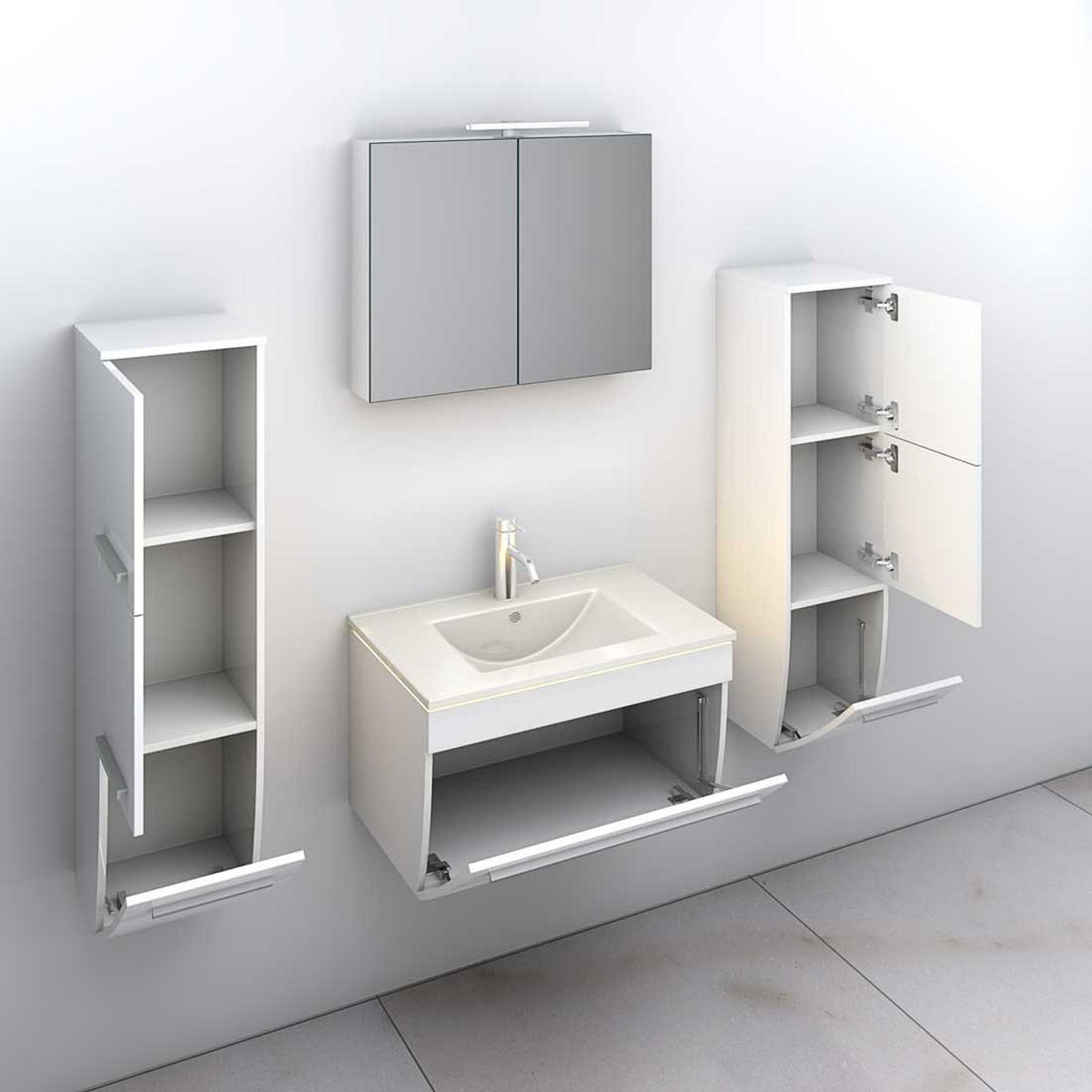 BADMÖBEL Set Gently 3 V3 Weiß Badezimmermöbel Badspiegel Waschtisch 70 cm mit 1x 5W LED / Energiebox - Weiß, Glas/Kunststoff (46/40/70cm) - AcquaVapore by Sandra Jentho
