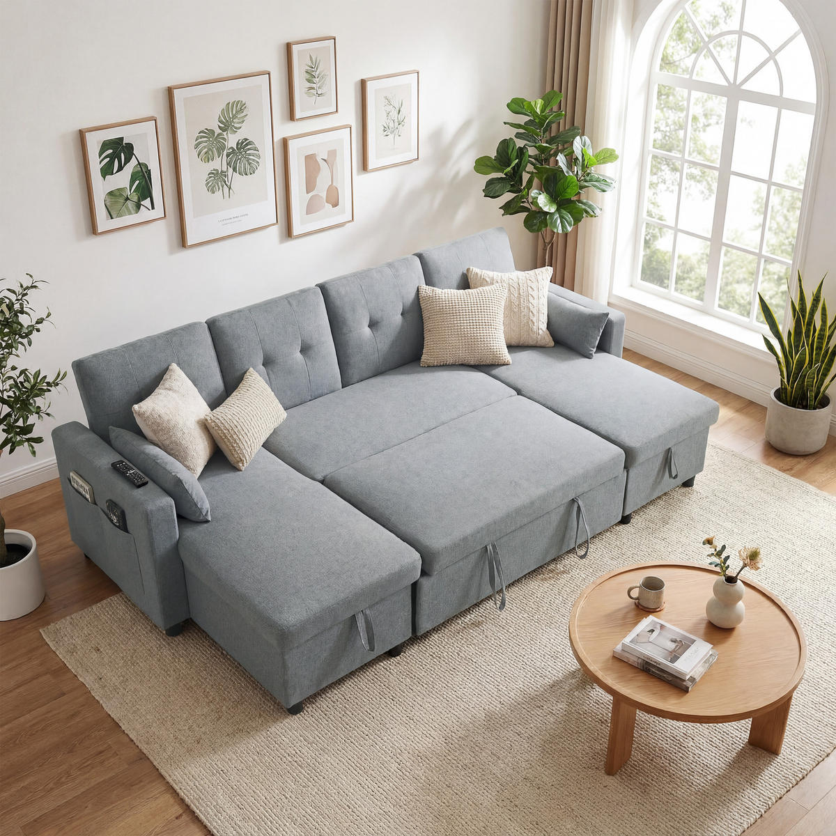 ECKSOFA mit Schlaffunktion Polyester Grau - Schwarz/Grau, Holz/Kunststoff (147/85/241cm) - HOMCOM