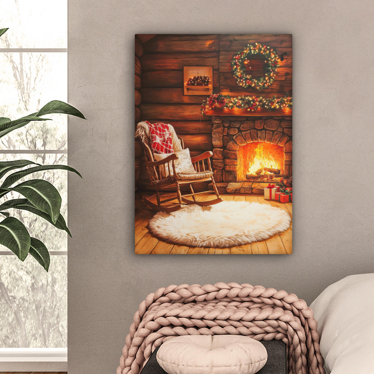 LEINWANDBILD Winter - Weihnachten - Zuhause - Kamin Wandbild Wohnzimmer 60x80 cm - Bernsteinfarben, Textil (60/80cm) - MuchoWow