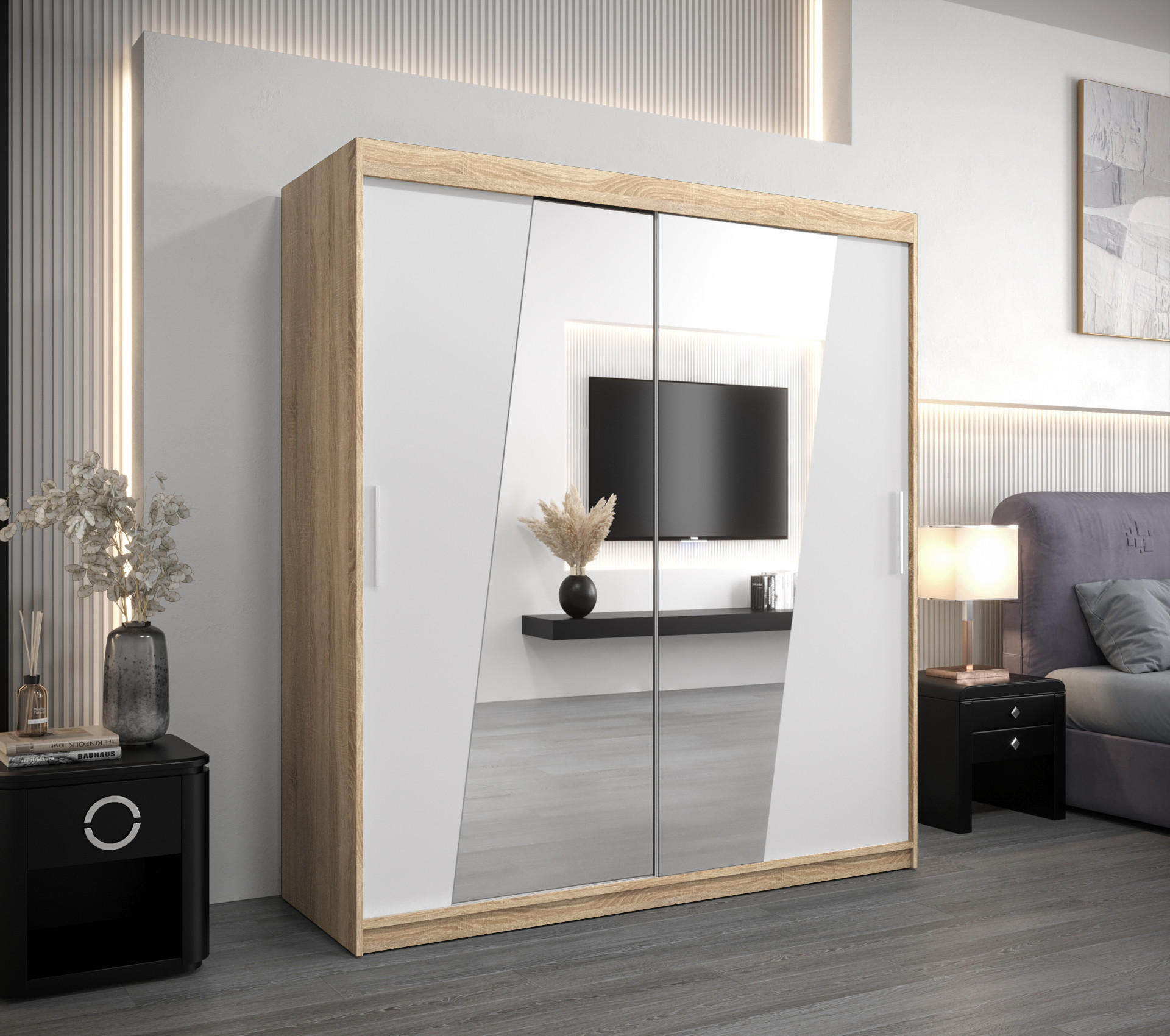 SCHWEBETÜRENSCHRANK 200/180/62 2-türig - Silberfarben/Weiß, Holz/Kunststoff (180/200/62cm) - Abiks Möbel