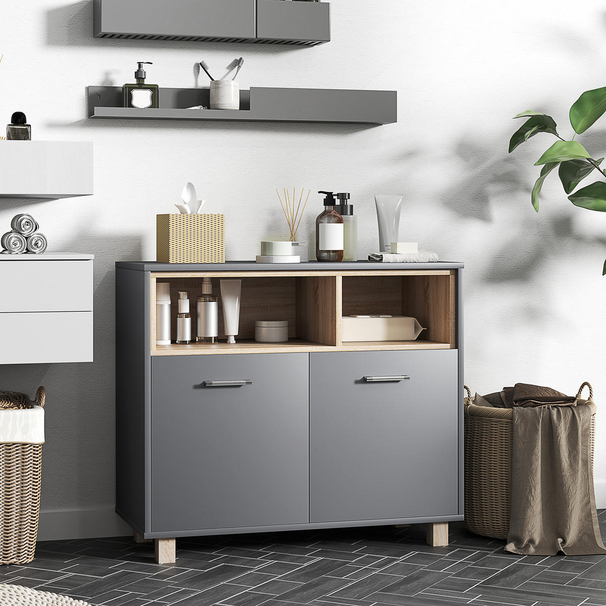 MIDISCHRANK DE-12440 80/35/70 cm Grau / Naturholz - Grau, Holzwerkstoff (35/70/80cm) - ComfortXL
