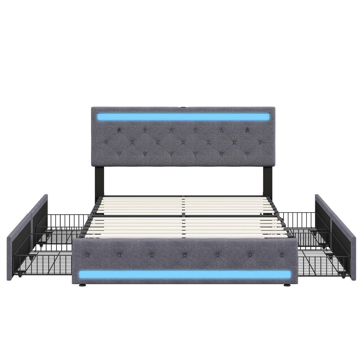 POLSTERBETT 140x200 cm mit LED und USB, Doppelbett mit Lattenrost und Kopfteil, 4 Schubladen, Leinenstoff, Grau - Grau, Textil/Metall (140/200cm) - GENKI LIVING