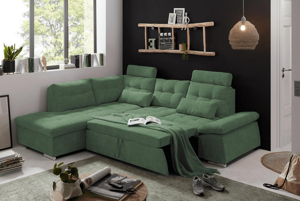 ECKSOFA mit Schlaffunktion, verstellbare Armlehne und Kopfstützen - Chromfarben/Grün, Textil (260/219cm) - ed exciting design
