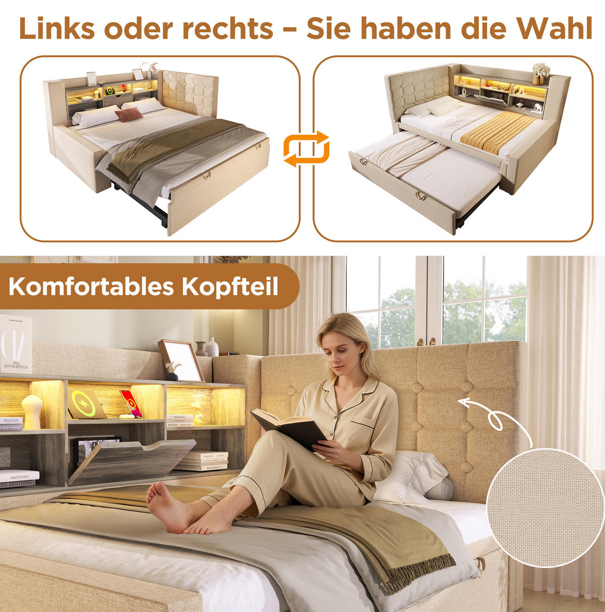 BETT mit Ausziehbett und Stauraum 90x200 cm Leinen Beige - Beige, Metall (90/200cm) - Beauniv
