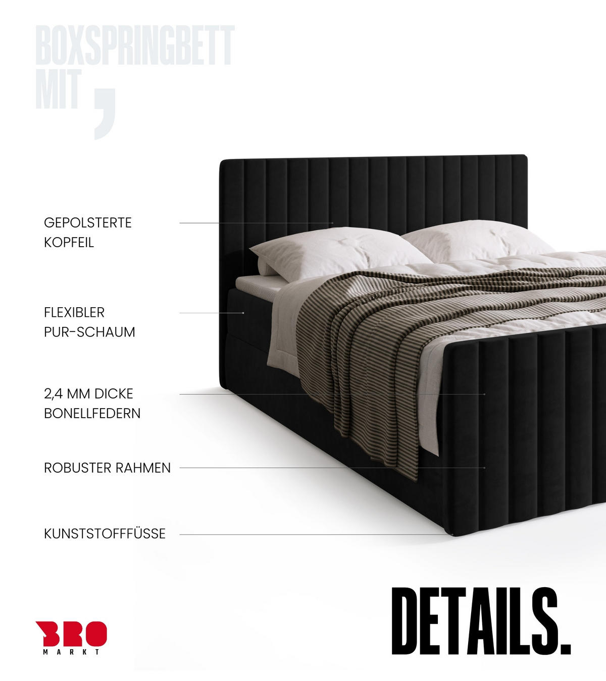 BOXSPRINGBETT Dream Duo mit Topper 140/200 Schwarz - Schwarz, Kunststoff (140/200cm) - Bromarkt