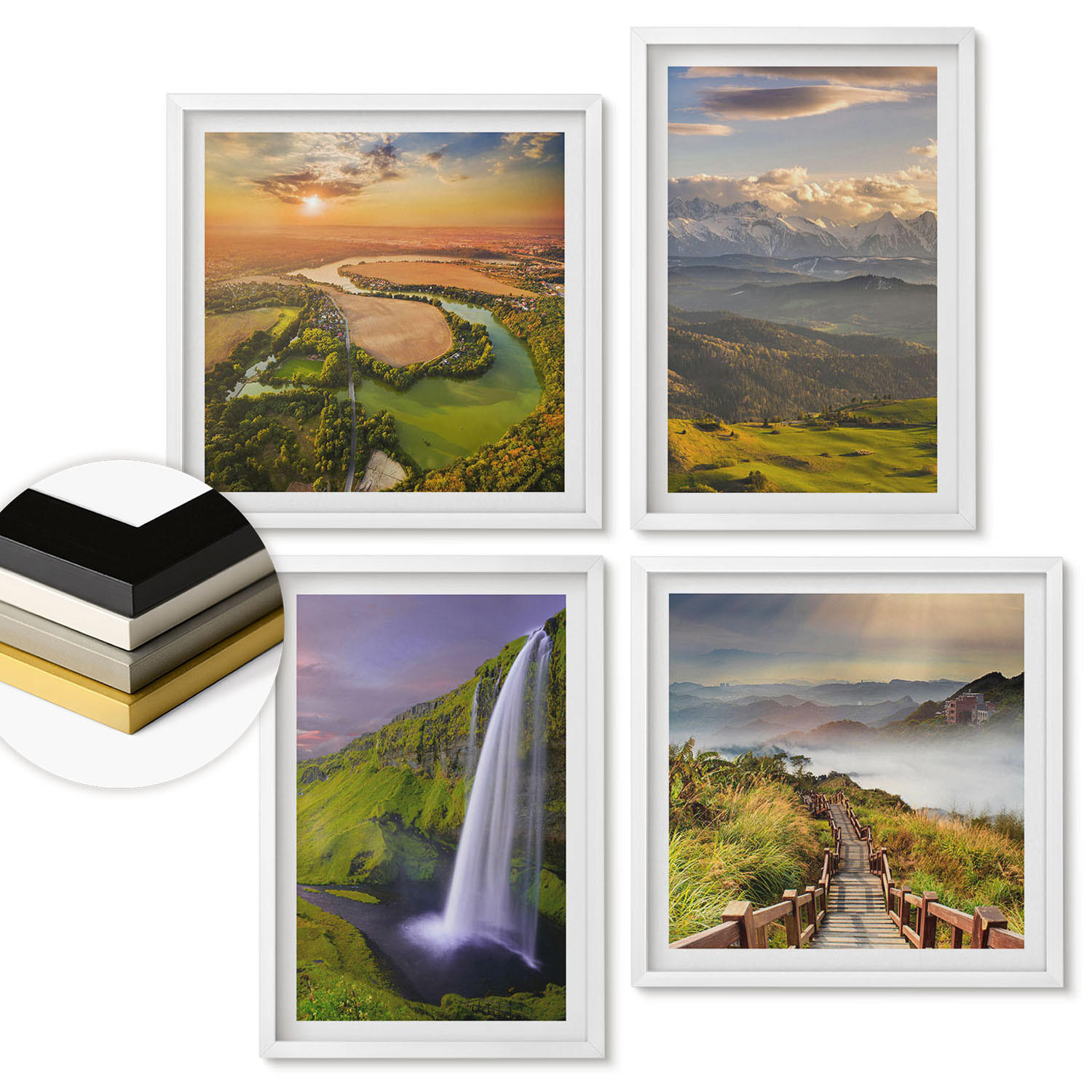 WANDBILDER 4er-Set - 50x50 cm & 40x60 cm Weißer Rahmen - Ausblicke auf Berge, Flüsse und Wasserfälle - Weiß, Kunststoff (50/50cm) - ArtPrintCave
