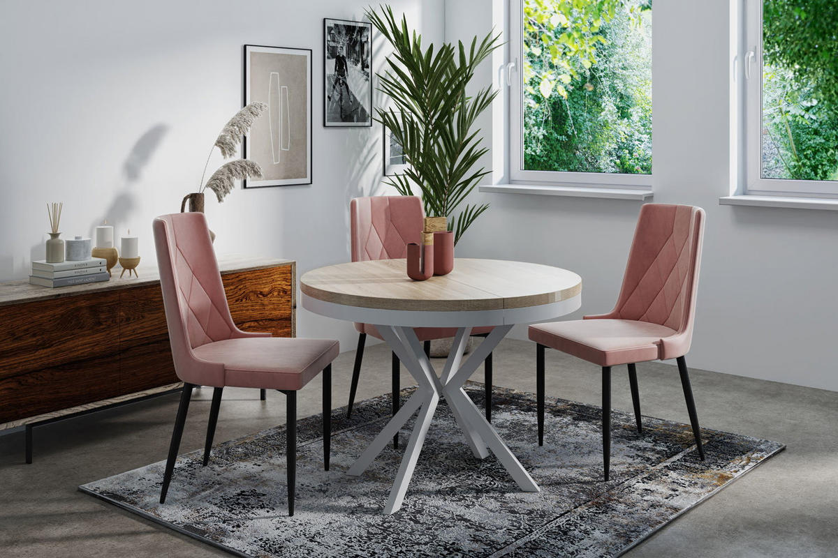 OKRUHLY Rozkladaci Jedalensky Stol - Stol Loft s Bielymi Kovovymi Nohami - 120 až 200 cm - Industrialny Stol - 120 cm - Dub Sonoma - hnedá/biela, kov/kompozitné drevo (120/200/76cm) - WFL GROUP