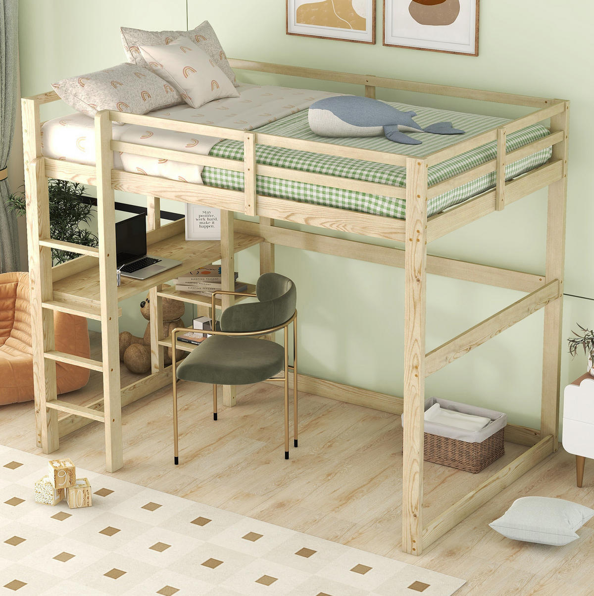 HOCHBETT 140/200 cm mit Schreibtisch, 4 Ablagefächern und Stauraum aus Kiefer , Natur - Naturfarben, Holzwerkstoff (140/200cm) - Redom