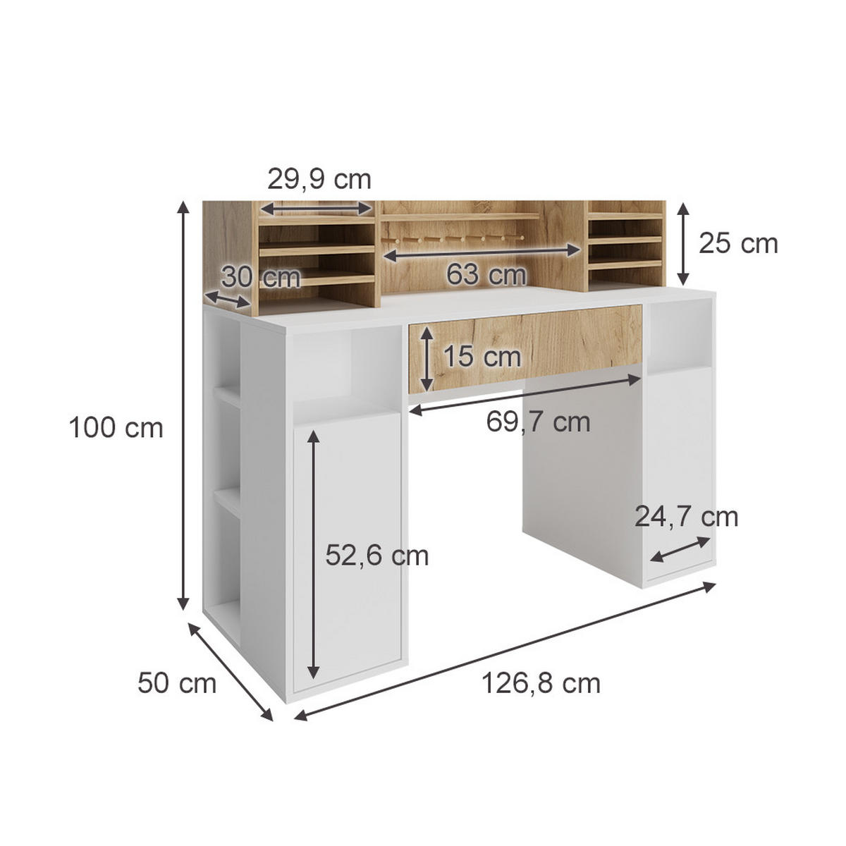 SCHREIBTISCH Weiß/Sonoma 126.8 x 50 cm XL mit Regale - Weiß/Sonoma Eiche, Holzwerkstoff (50/126.8/100cm) - Vicco
