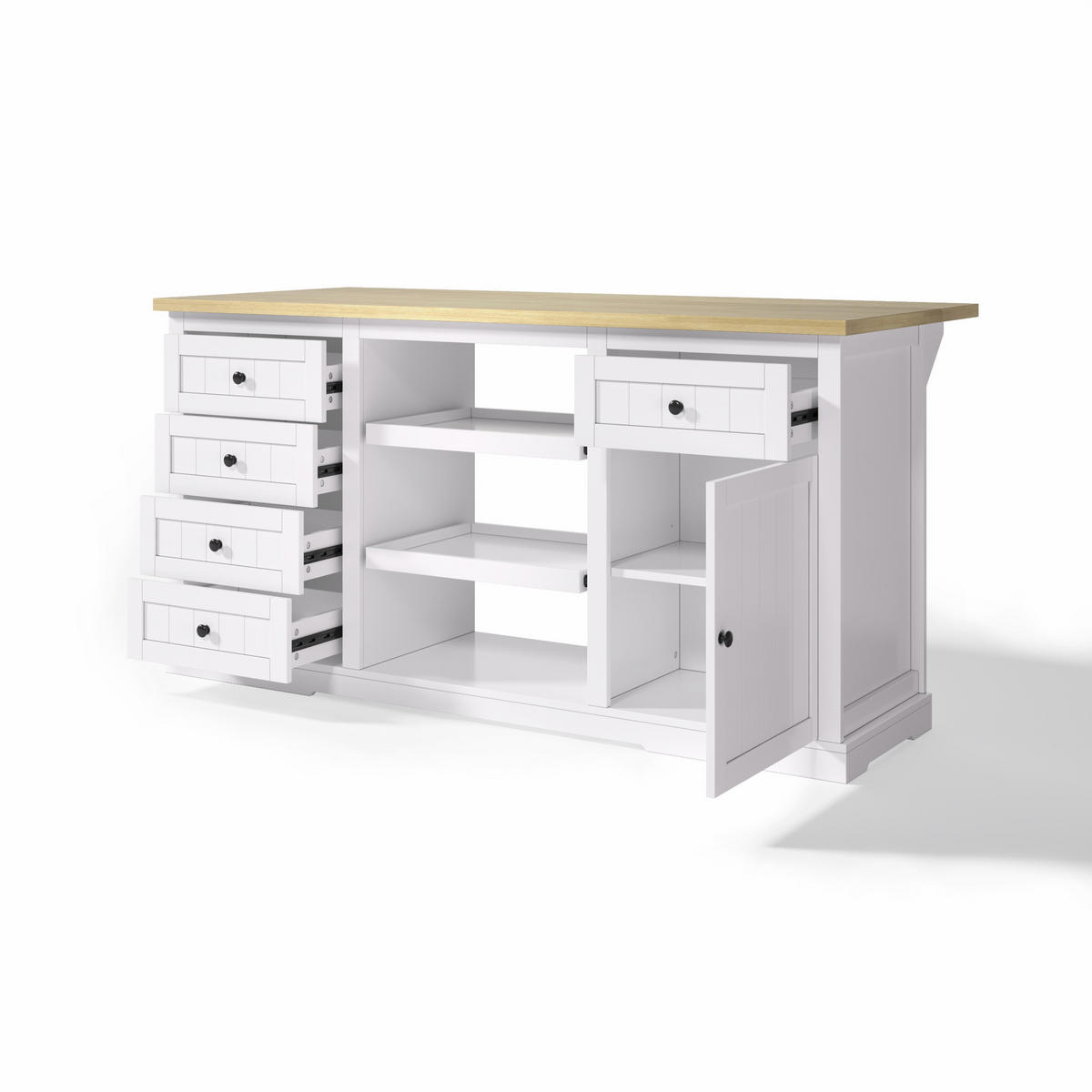 BUFFET 150/65/75,5 cm natur/weiß aus MDF mit Klappplatte und Steckdosen - Naturfarben, Holzwerkstoff (150/75.5/65cm) - OKWISH