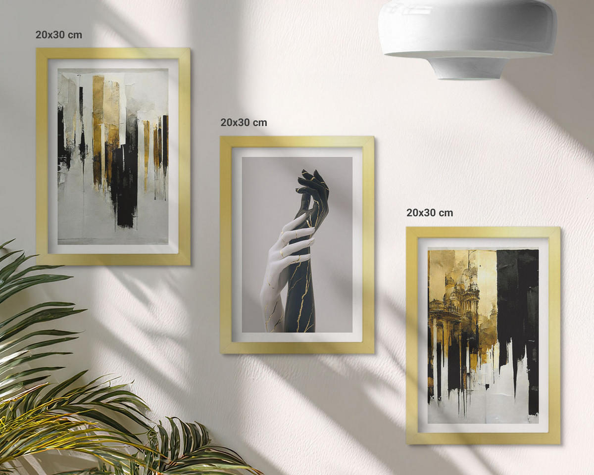 WANDBILDER 3er Set - 20x30 cm Goldrahmen - Abstrakte handgemalte Muster - Goldfarben, Kunststoff (20/30cm) - ArtPrintCave
