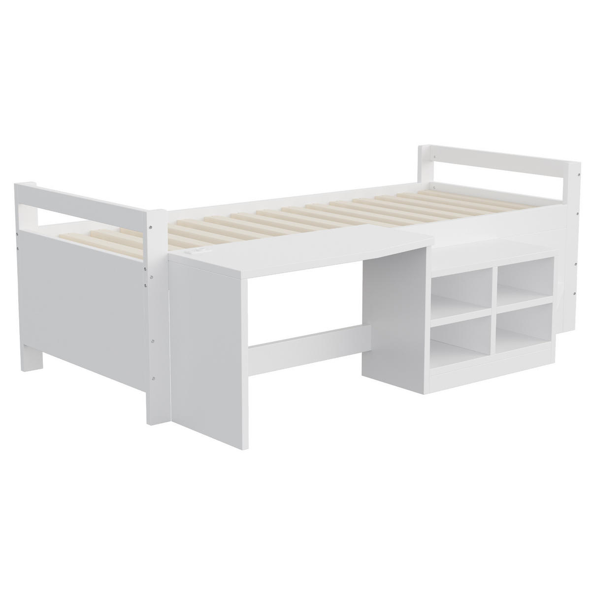 BETT 90/200 cm Weiß mit Schreibtisch, Stauraum und USB-Anschlüssen - Weiß, Holz (90/200cm) - Flora Grace